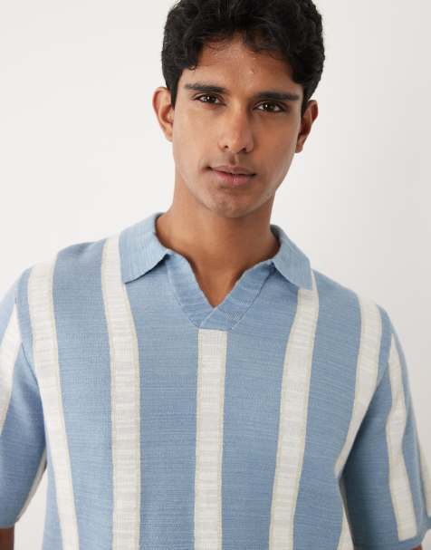 ASOS DESIGN - Afslappet kortærmet strikket polo med hakudskæring i halsen og blå og cremehvide striber - view 1