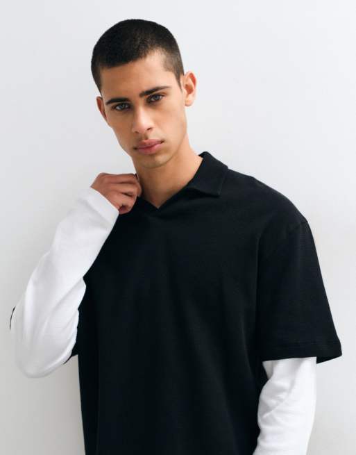 ASOS DESIGN afslappet langærmet polo med dobbeltlag i sort, 4 af 5