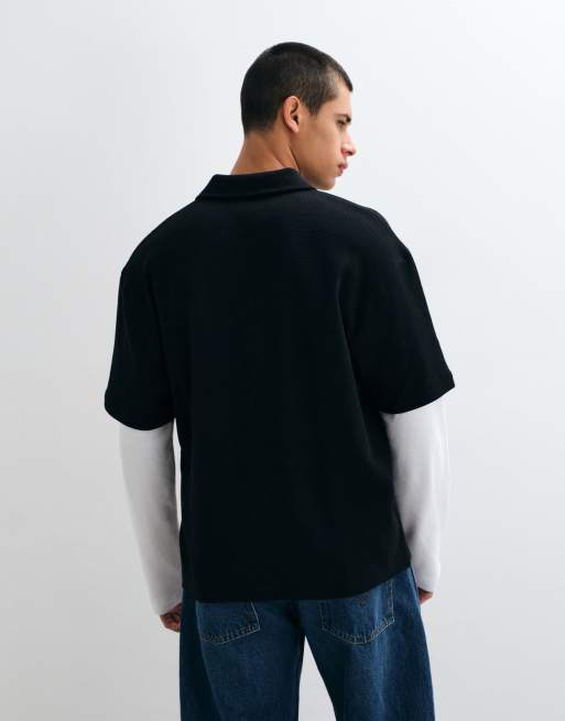 ASOS DESIGN afslappet langærmet polo med dobbeltlag i sort, 5 af 5