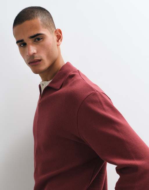 ASOS DESIGN afslappet langærmet polo med reverskrave i rød vaffelstrik, 5 af 9