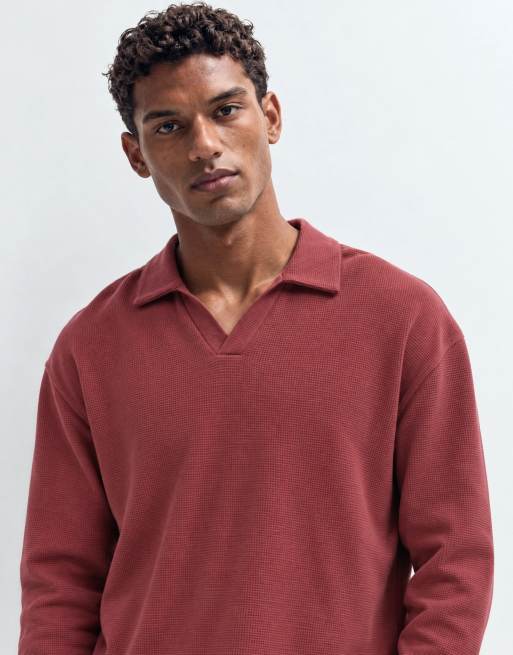 ASOS DESIGN afslappet langærmet polo med reverskrave i rød vaffelstrik, 6 af 9