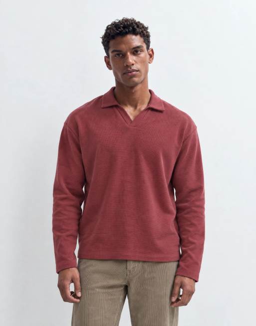 ASOS DESIGN afslappet langærmet polo med reverskrave i rød vaffelstrik, 7 af 9
