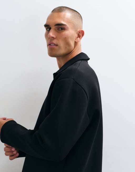 ASOS DESIGN afslappet langærmet poloskjorte i scuba-lignende stof i sort, 5 af 5