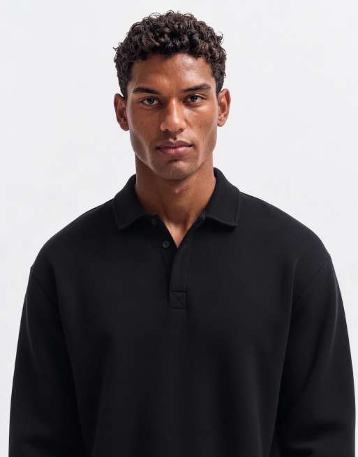 ASOS DESIGN afslappet langærmet poloskjorte i scuba-lignende stof i sort, 6 af 9
