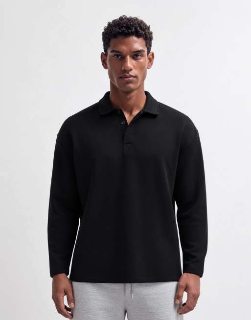ASOS DESIGN afslappet langærmet poloskjorte i scuba-lignende stof i sort, 7 af 9