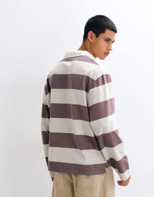 ASOS DESIGN afslappet langærmet poloskjorte med rugbykrave i beige stribe, 4 af 5