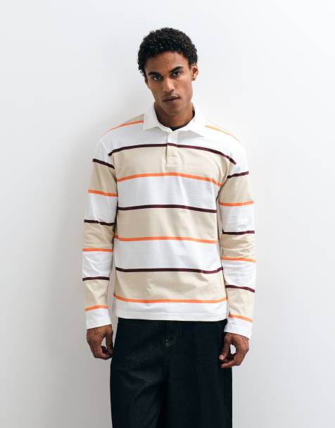 ASOS DESIGN afslappet langærmet rugby-polo i neutrale striber - view 1