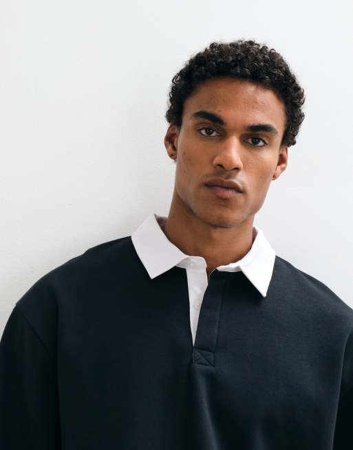 ASOS DESIGN afslappet langærmet rugby-polo med kontrastkrave i sort, 3 af 5
