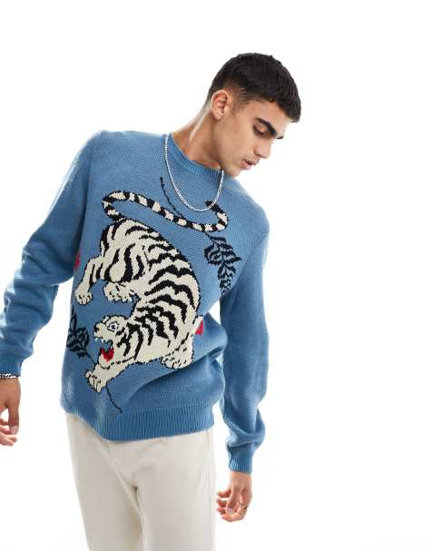 ASOS DESIGN - Afslappet og blå striktrøje med tigermotiv - view 1