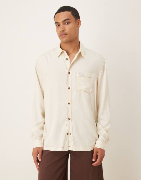 ASOS DESIGN - Afslappet og cremehvid skjorte med kontrastsyninger og mærkedetalje - view 1
