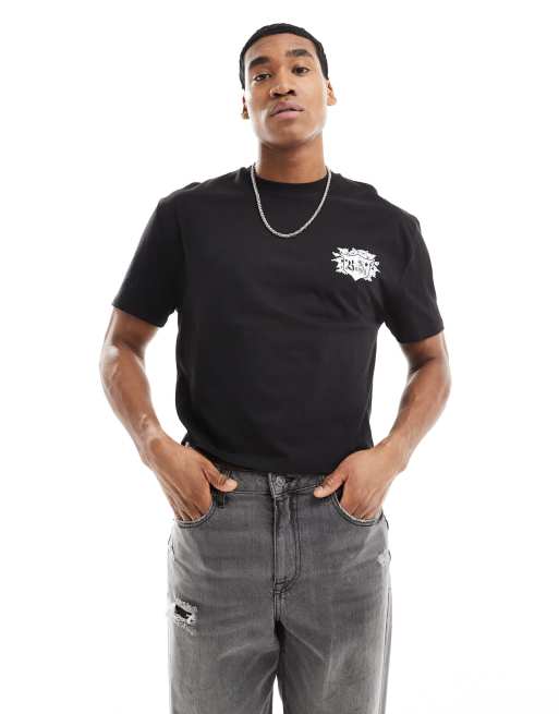 ASOS DESIGN - Afslappet og cropped T-shirt i sort med ridderlignende våbenskjoldsprint på brystet