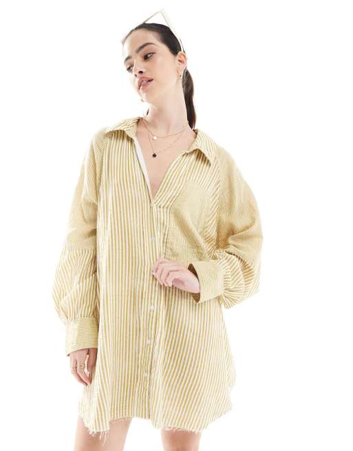ASOS DESIGN - Afslappet og forvasket limegrøn mini-skjortekjole med splejset stribedesign, 2 af 4