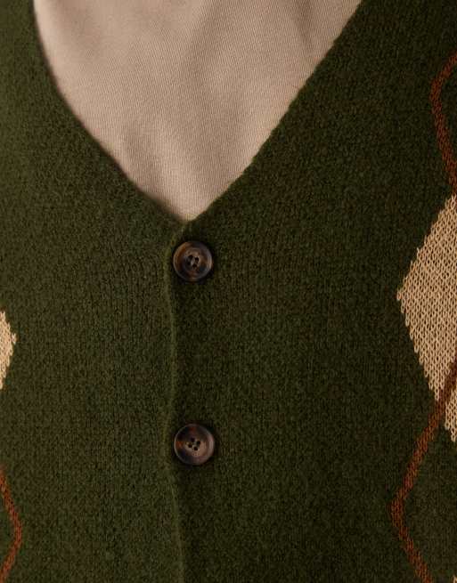 ASOS DESIGN - Afslappet og kakifarvet cardigan i blød strik med argyle-mønster, 3 af 4