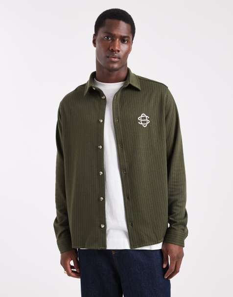 ASOS DESIGN - Afslappet og kakifarvet skjorte med brystbroderi og striber - view 1