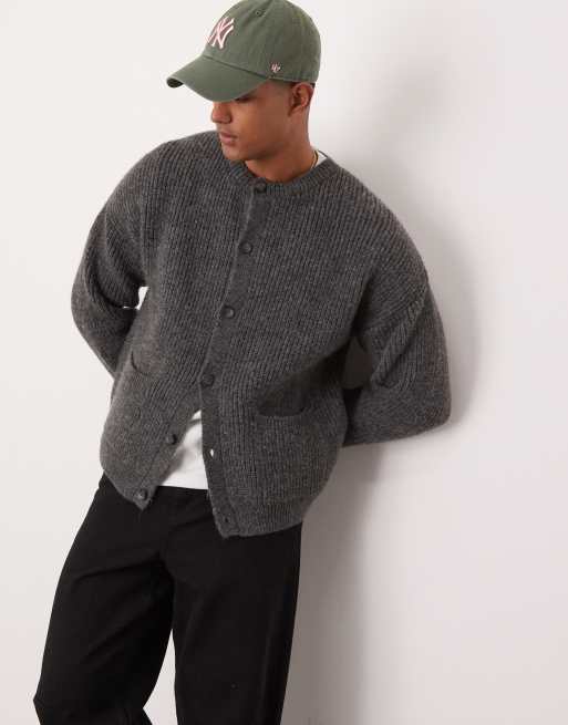 ASOS DESIGN - Afslappet og kraftig grå cardigan i strikket uldblanding med rund hals og firkantet pasform