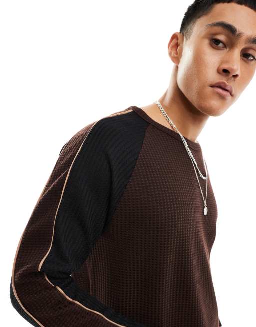 ASOS DESIGN - Afslappet og langærmet T-shirt med vaffeltekstur og cut-and-sew-design i firkantet pasform