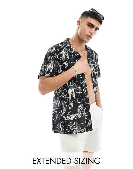 ASOS DESIGN - Afslappet og sort skjorte med reverskrave og blomstermønster i hørlook
