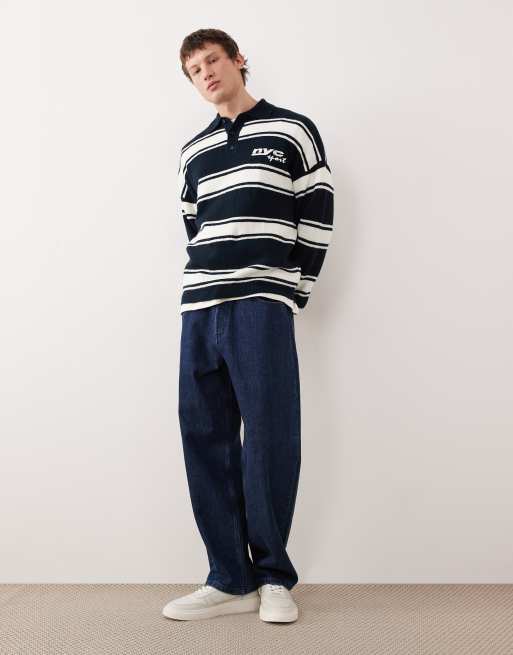 ASOS DESIGN - Afslappet og strikket marineblå poloskjorte med brystbrodering og råhvide striber, 2 af 5
