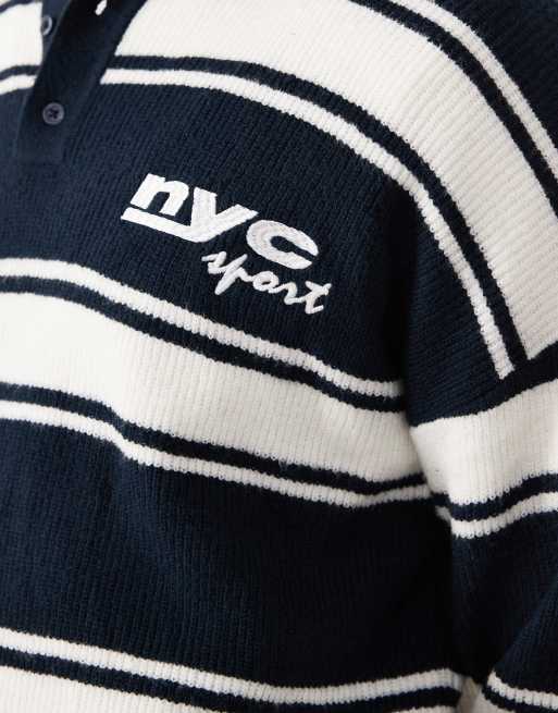 ASOS DESIGN - Afslappet og strikket marineblå poloskjorte med brystbrodering og råhvide striber, 5 af 5