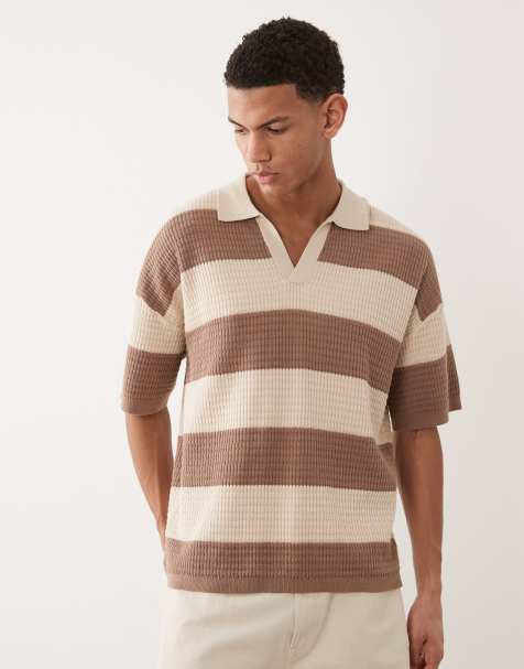 ASOS DESIGN - Afslappet og strikket poloskjorte med halshak og beige/råhvide striber - view 1
