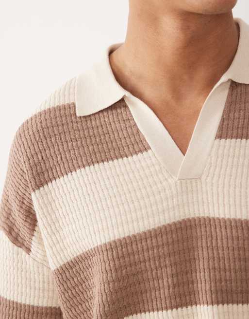 ASOS DESIGN - Afslappet og strikket poloskjorte med halshak og beige/råhvide striber, 5 af 5