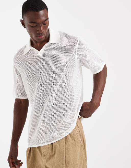 ASOS DESIGN - Afslappet og strikket råhvid poloskjorte i mesh med korte ærmer og halshak, 2 af 5