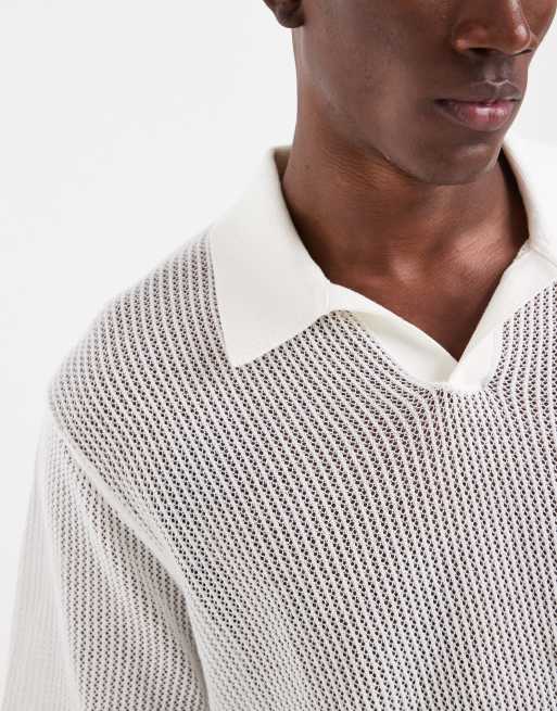 ASOS DESIGN - Afslappet og strikket råhvid poloskjorte i mesh med korte ærmer og halshak, 3 af 5