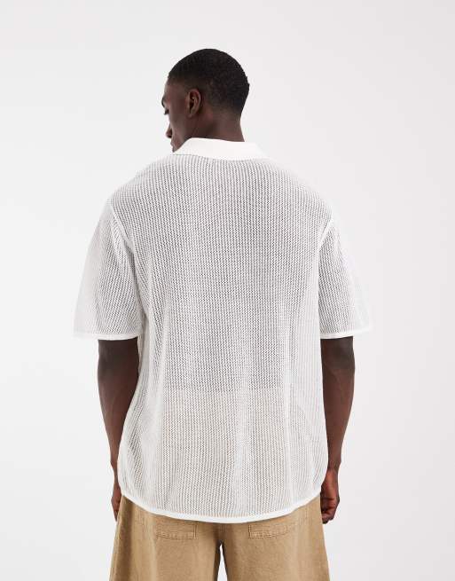 ASOS DESIGN - Afslappet og strikket råhvid poloskjorte i mesh med korte ærmer og halshak, 4 af 5