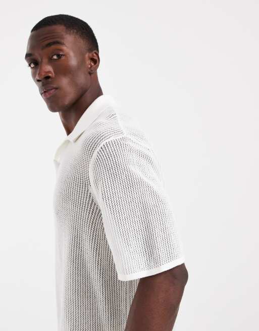 ASOS DESIGN - Afslappet og strikket råhvid poloskjorte i mesh med korte ærmer og halshak, 5 af 5