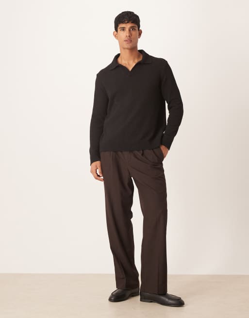 ASOS DESIGN - Afslappet og strikket sort poloskjorte med tekstur og lange ærmer samt halshak, 2 af 5