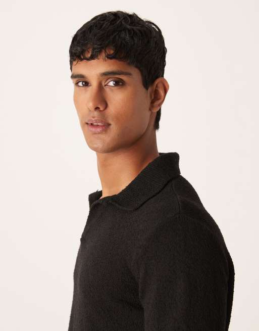 ASOS DESIGN - Afslappet og strikket sort poloskjorte med tekstur og lange ærmer samt halshak, 4 af 5