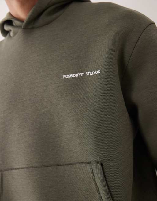 ASOS DESIGN - Afslappet olivengrøn hættetrøje med tekstprint i støvet scuba-lignende stof, 5 af 5