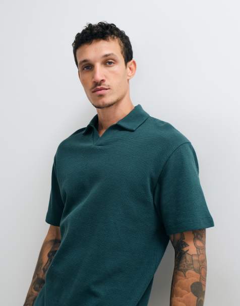 ASOS DESIGN afslappet poloskjorte i mørkegrøn waffle - view 1
