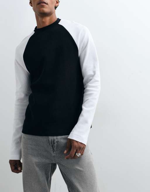 ASOS DESIGN afslappet raglan-T-shirt i sort og hvid waffle, 3 af 5