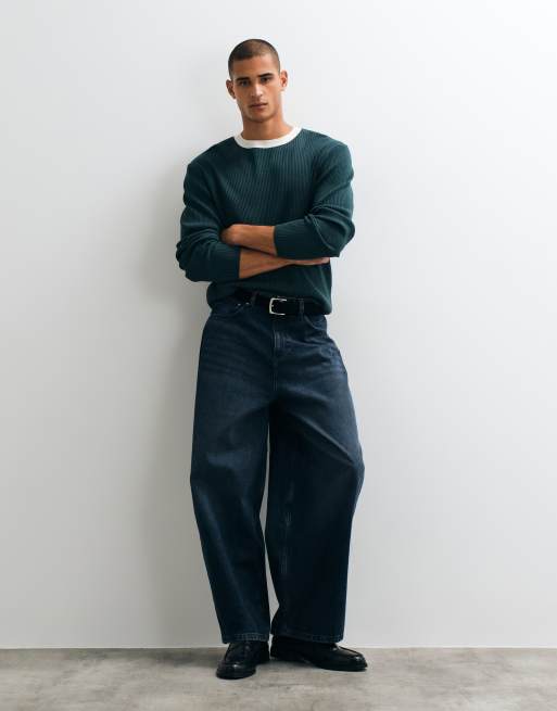 ASOS DESIGN afslappet ribstrikket trøje med rund hals og kontrastkrave i grøn, 2 af 5