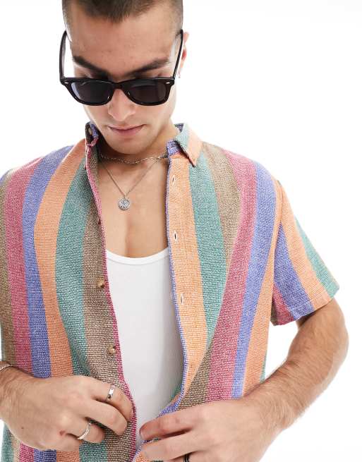 ASOS DESIGN - Afslappet skjorte i regnbuedesign med striber og tekstur , 3 af 4