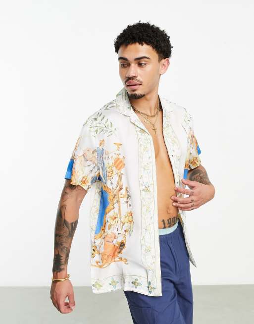 ASOS DESIGN - Afslappet skjorte i satin med revers og renæssanceprint på kanterne