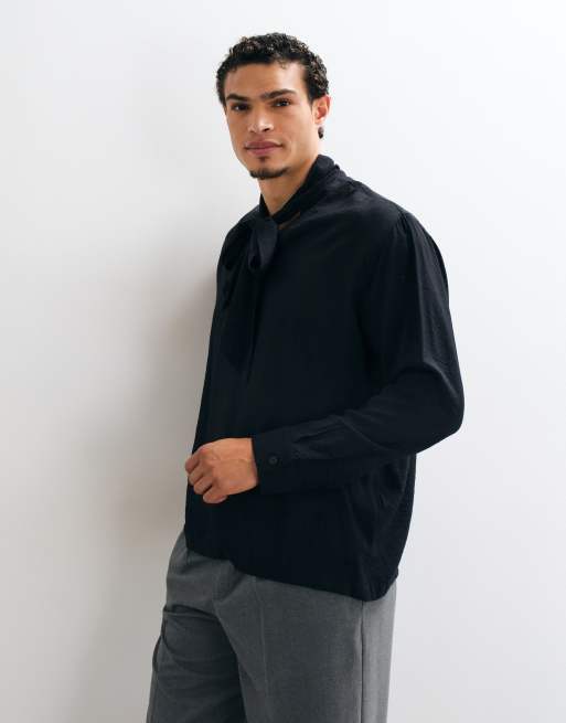 ASOS DESIGN afslappet skjorte med bindebånd ved halsen i sort, 5 af 5