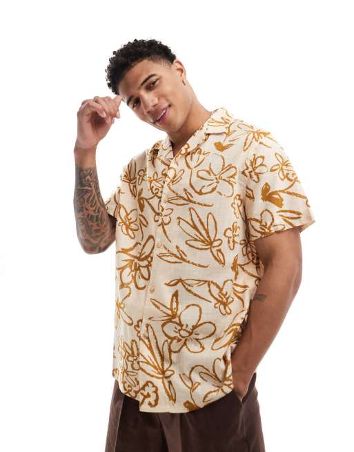 ASOS DESIGN - Afslappet skjorte med neutralt blomstermønster i hørlook