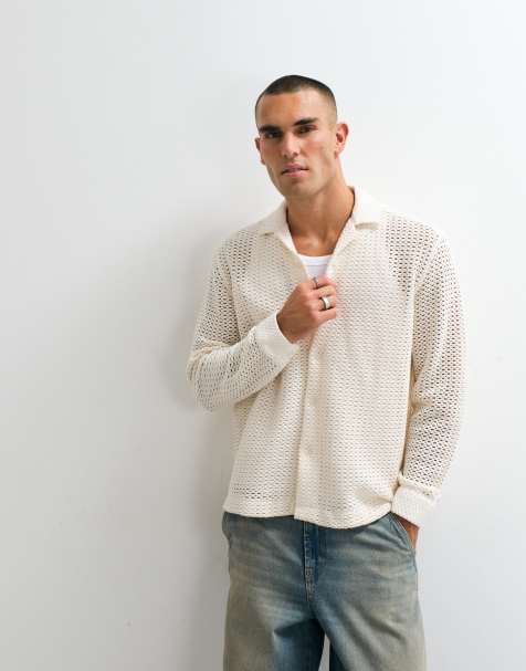ASOS DESIGN afslappet skjorte med revers i hæklet stof i råhvid - view 1