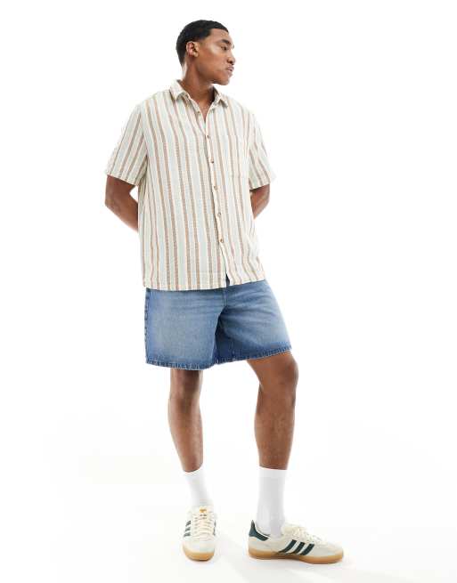 ASOS DESIGN - Afslappet skjorte med striber med fletmønster i brun og blå, 4 af 4