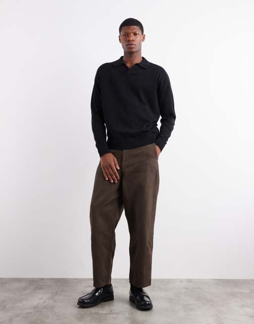 ASOS DESIGN - Afslappet sort polo med lange ærmer i strik og hak i halsen, 2 af 5