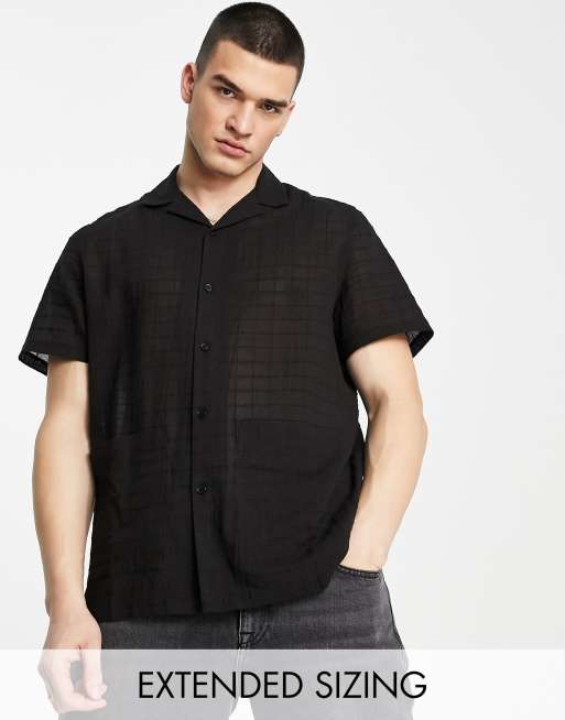 ASOS DESIGN - Afslappet sort skjorte med revers og tern i tekstureret bomuld