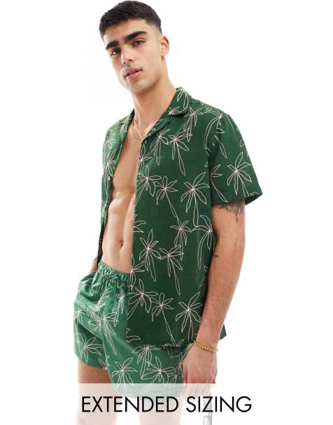 ASOS DESIGN - Afslappet strandskjorte med reverskrave og tegnet palmeprint i grøn - Del af sæt - view 1