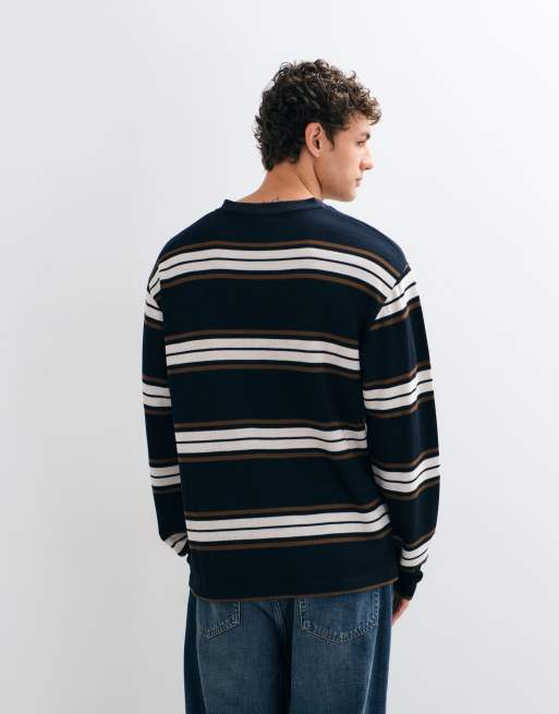 ASOS DESIGN afslappet, stribet langærmet top med hakudskæring i marineblå waffelstrik, 4 af 5