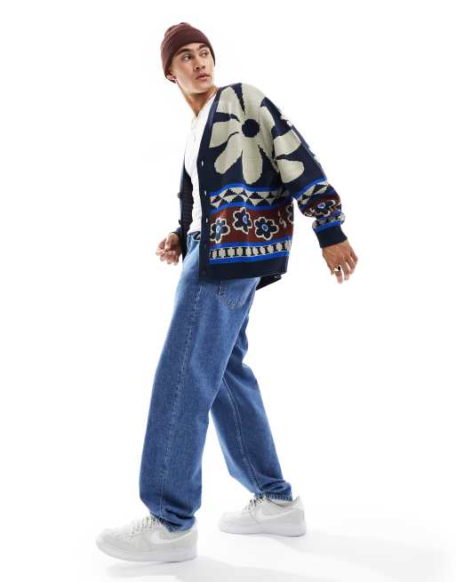 ASOS DESIGN - Afslappet strikket cardigan med blomsterdesign i marineblå