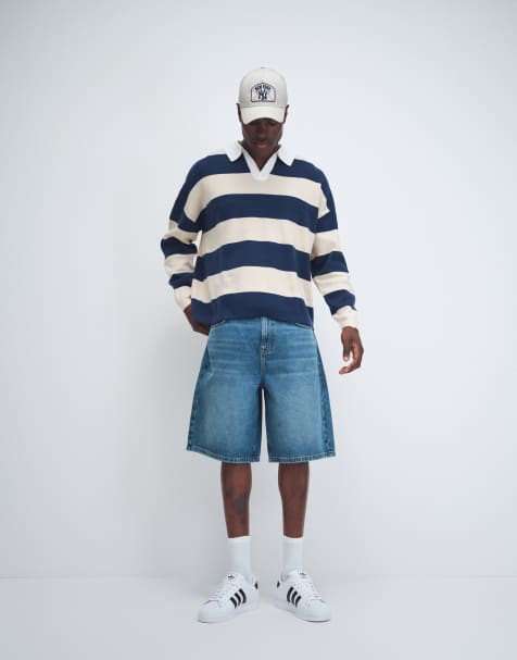 ASOS DESIGN - Afslappet strikket poloskjorte med halshak og marineblå/ecru striber - view 1