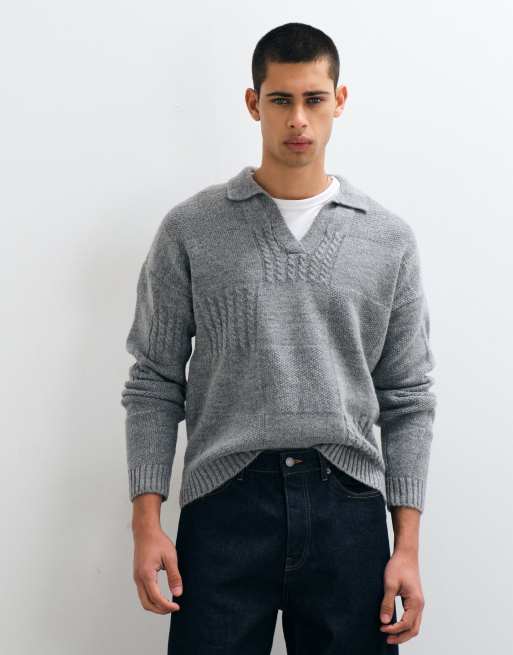ASOS DESIGN afslappet strikket top med hakudskæring og ternet detalje i grå, 4 af 5