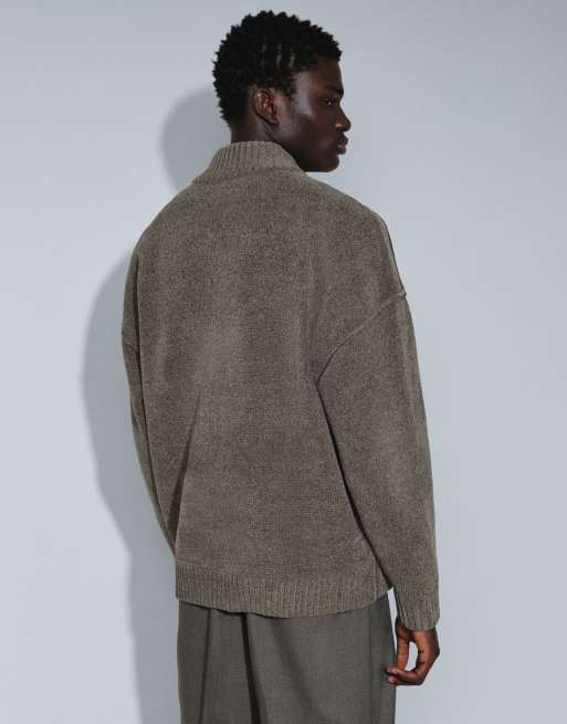 ASOS DESIGN afslappet strikket trøje med halv lynlås og ståkrave i oliven, 4 af 7