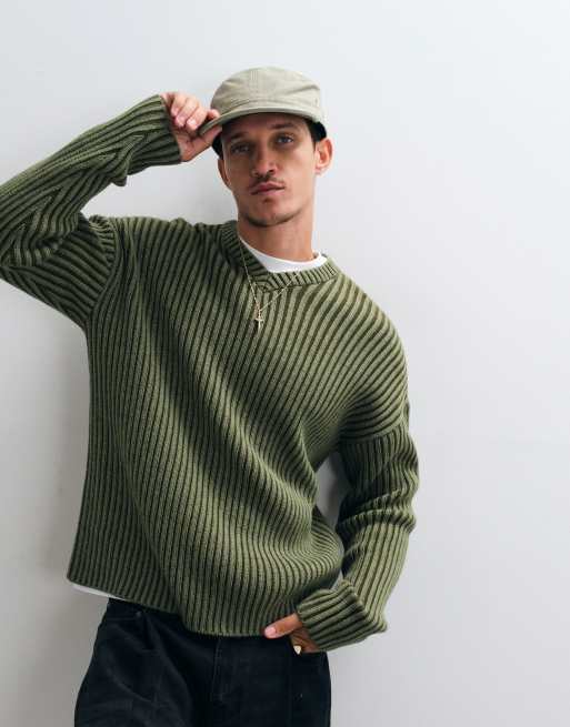 ASOS DESIGN afslappet strikket trøje med høj v-hals i khaki med ribstruktur, 2 af 5